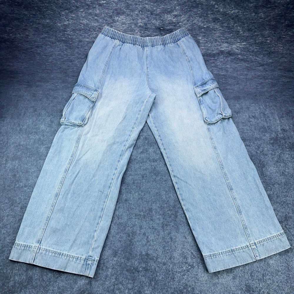 Forever 21 Premium Womens XL Light Wash Elastic Waist Wide Leg Cargo Jeans